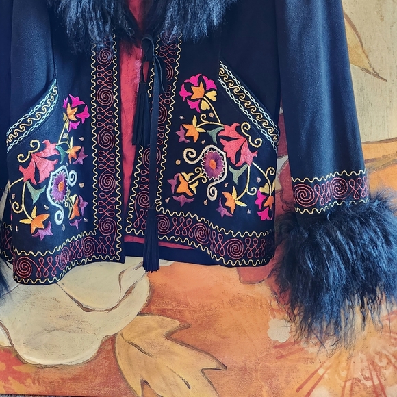 DOUBLE D RANCH Black Suede Embroidery Mongolian Lamb Fur Collar Cuffs Jacket NWT - Picture 15 of 16